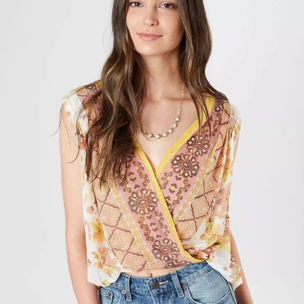Free People Mesh Floral Print Havana Muscle Tank Hi Lo